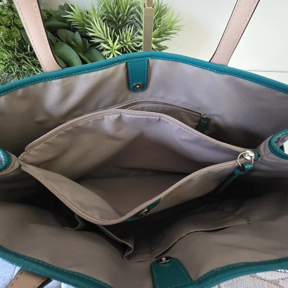 Coach Signature Stripe Large Carryall Tote-Navy Denim Look, Jade Green Stripe - Picture 13 of 16